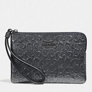 Coach F39168 Signature Glitter Patent Leather Corner Zip Wristlet, QB/Charcoal